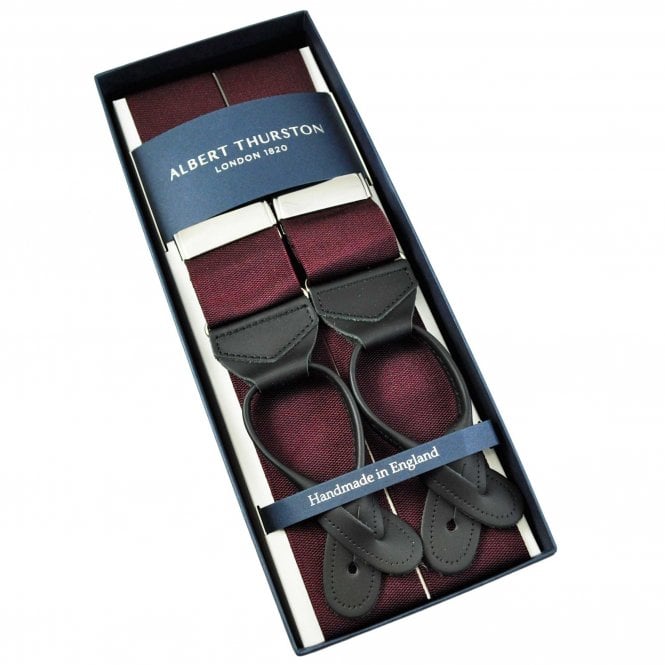 Albert Thurston Trouser Braces - Plain Burgundy Woven Rigid Ribbon with Dark Brown Leather Ends