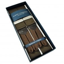 Albert Thurston Trouser Braces - Plain Coffee Brown Woven Rigid Ribbon with Brown Leather and Braid Ends