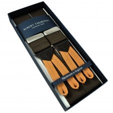 Albert Thurston Trouser Braces - Plain Coffee Brown Woven Rigid Ribbon with Brown Leather and Copper Orange Braid Ends
