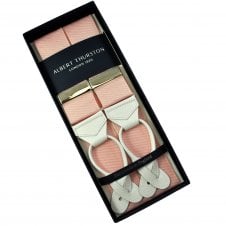 Albert Thurston Trouser Braces - Plain Hydrangea Pink Woven Rigid Ribbon with White Leather Ends