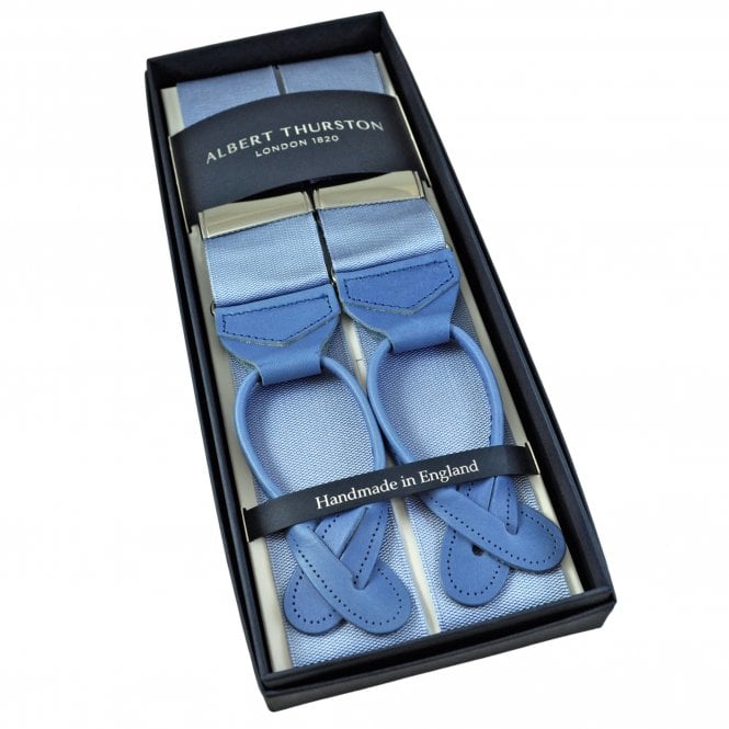 Albert Thurston Trouser Braces - Plain Light Blue Woven Rigid Ribbon with Blue Leather Ends