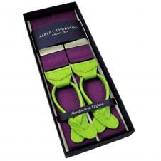 Albert Thurston Trouser Braces - Plain Magenta Purple Woven Rigid Ribbon with Lime Green Leather Ends