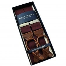 Albert Thurston Trouser Braces - Plain Maroon Woven Rigid Ribbon with Brown Leather Ends