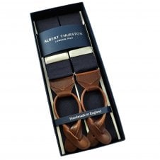 Albert Thurston Trouser Braces - Plain Midnight Blue Woven Rigid Ribbon with Brown Leather Ends