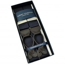 Albert Thurston Trouser Braces - Plain Midnight Blue Woven Rigid Ribbon with Dark Brown Leather Ends