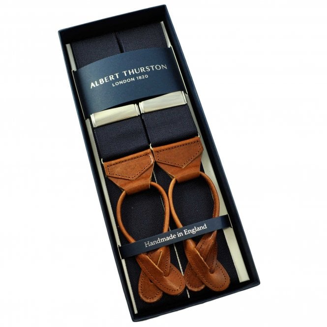 Albert Thurston Trouser Braces - Plain Midnight Blue Woven Rigid Ribbon with Glazed Tan Leather Ends