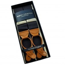 Albert Thurston Trouser Braces - Plain Midnight Blue Woven Rigid Ribbon with Tan Leather Ends