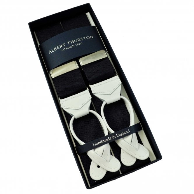 Albert Thurston Trouser Braces - Plain Midnight Blue Woven Rigid Ribbon with White Leather Ends