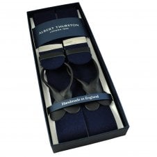 Albert Thurston Trouser Braces - Plain Navy Blue Pure Wool Boxcloth with Black Leather Ends