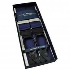 Albert Thurston Trouser Braces - Plain Navy Blue Woven Rigid Ribbon with Black Leather Ends