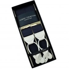Albert Thurston Trouser Braces - Plain Navy Blue Woven Rigid Ribbon with White Leather Ends