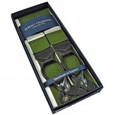Albert Thurston Trouser Braces - Plain Olive Green Woven Rigid Ribbon with Dark Brown Leather Ends