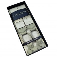 Albert Thurston Trouser Braces - Plain Silver Woven Rigid Ribbon with Silver Grey Leather Ends