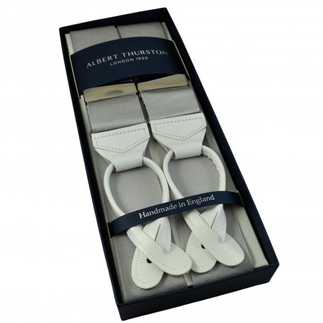Albert Thurston Trouser Braces - Plain Silver Woven Rigid Ribbon with White Leather Ends