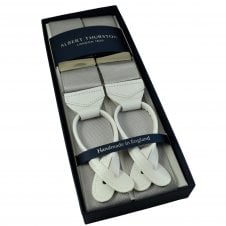 Albert Thurston Trouser Braces - Plain Silver Woven Rigid Ribbon with White Leather Ends