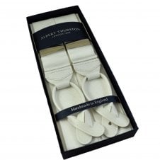 Albert Thurston Trouser Braces - Plain White Woven Rigid Ribbon with White Leather Ends