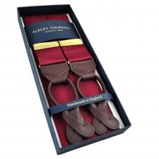 Albert Thurston Trouser Braces - Plain Wine Red Woven Rigid Ribbon with Brown Leather Ends and Gold Clips