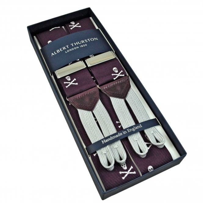 Albert Thurston Trouser Braces - Plum with Silver Skulls Woven Jacquard Ribbon with Plum Leather and Silver Braid Ends