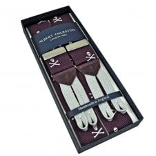 Albert Thurston Trouser Braces - Plum with Silver Skulls Woven Jacquard Ribbon with Plum Leather and Silver Braid Ends
