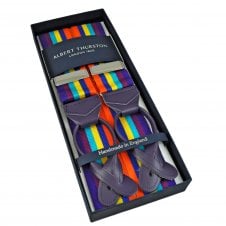 Albert Thurston Trouser Braces - Rainbow Stripe Woven Rigid Ribbon with Purple Leather Ends