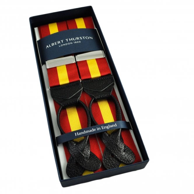 Albert Thurston Trouser Braces - Red & Yellow Stripe Barathea Ribbon with Black Leather Ends