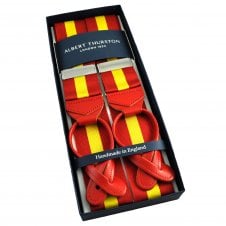 Albert Thurston Trouser Braces - Red & Yellow Stripe Barathea Ribbon with Red Leather Ends