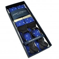 Albert Thurston Trouser Braces - Royal Blue & Light Blue Polka Dot Jacquard Ribbon with Black Leather Ends