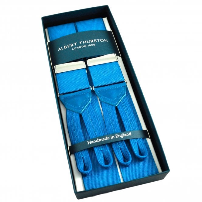 Albert Thurston Trouser Braces - Royal Blue Moiré with Royal Blue Leather and Royal Blue Braid Ends