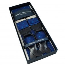 Albert Thurston Trouser Braces - Royal Blue & Turquoise Polka Dot Jacquard Ribbon with Black Leather Ends