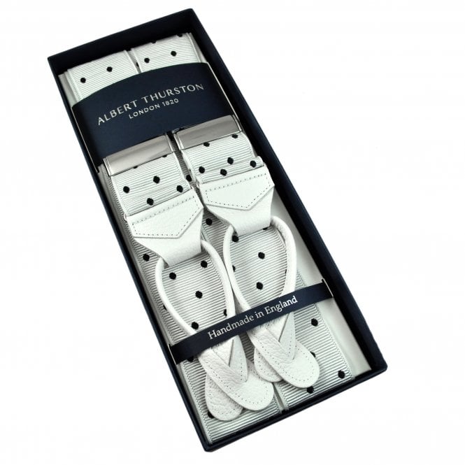 Albert Thurston Trouser Braces - White & Black Polka Dot Jacquard Ribbon with White Leather Ends