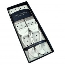 Albert Thurston Trouser Braces - White & Black Polka Dot Jacquard Ribbon with White Leather Ends