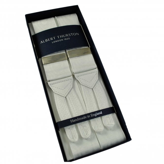 Albert Thurston Trouser Braces - White Moiré with White Leather and White Braid Ends with Silver Clips