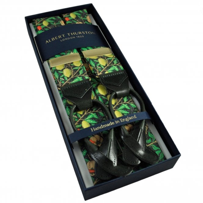 Albert Thurston Trouser Braces - William Morris Lemons Cotton Fabric with Dark Green Leather Ends - Gold Sliders