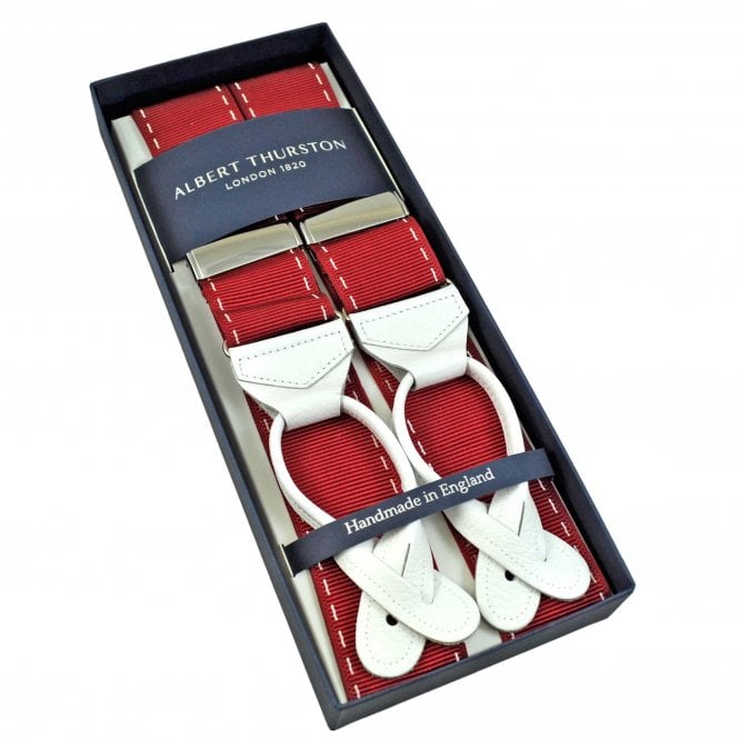 Albert Thurston Trouser Braces - Wine Red & White Barathea Ribbon with White Leather Ends