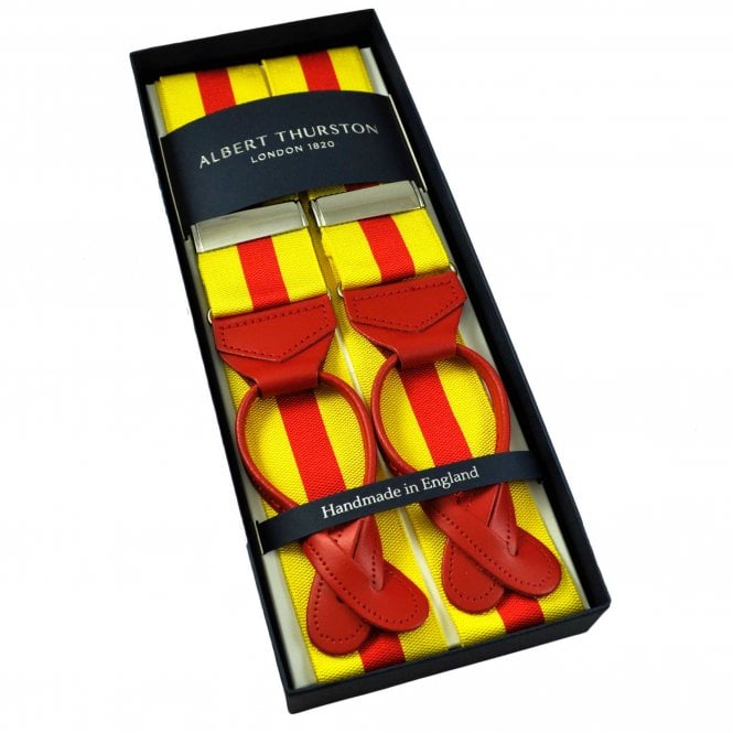 Albert Thurston Trouser Braces - Yellow & Red Stripe Barathea Ribbon with Red Leather Ends