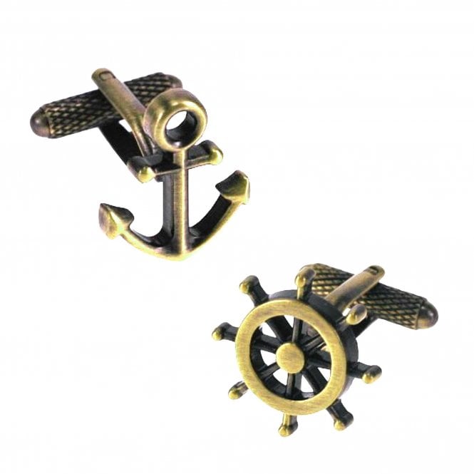 Anchor & Wheel Burnished Gold Novelty Cufflinks