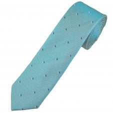Aqua Blue, Silver, Teal Green & Sky Blue Pattern Men's Luxury Silk Skinny Tie