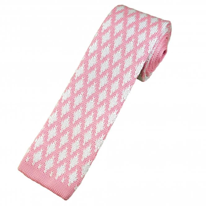 Baby Pink & White Diamond Pattern Men's Knitted Tie