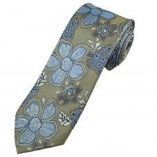Beige, Blue & Silver Flower Patterned Men's Silk Tie