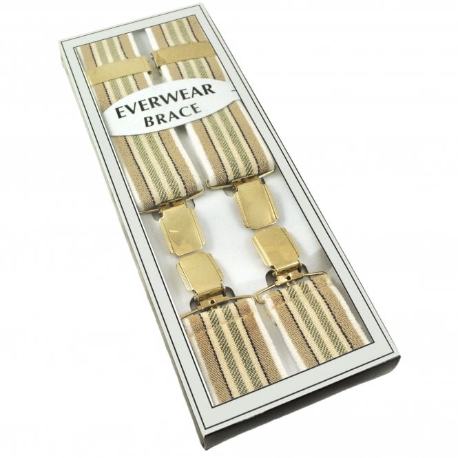 Beige, Camel, Green & White Stripe Men's Trouser Braces with Gold Clips