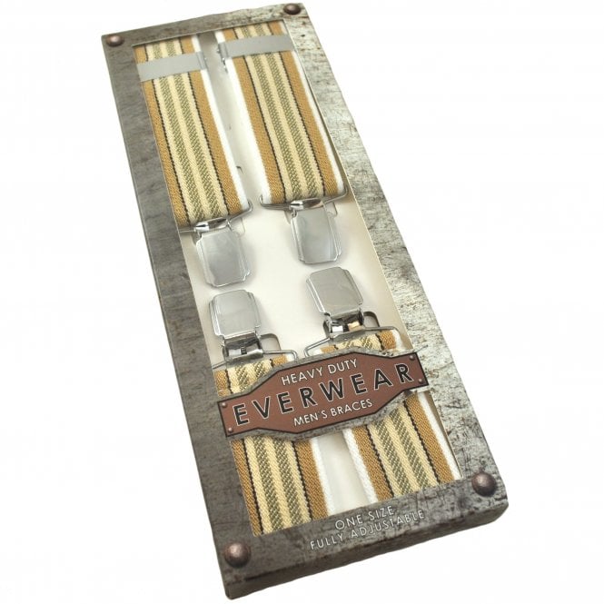 Beige, Green & White Stripe Men's Trouser Braces with Silver Clips