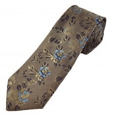 Beige, Light Blue & Black Floral Pattern Men's Extra Long Tie