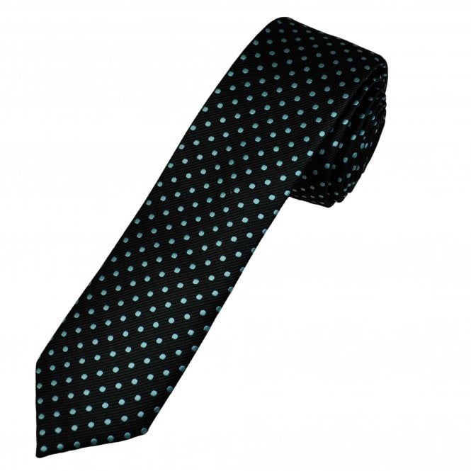 Black & Aqua Blue Polka Dot Men's Skinny Tie