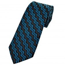 Black & Aqua Blue Wave Pattern Men's Extra Long Tie
