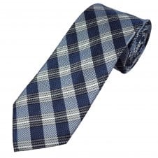 Black, Blue, Silver Grey & White Checked Men's Luxury Silk Tie