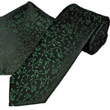Black & Bottle Green Floral Pattern Men's Tie & Pocket Square Handkerchief Set