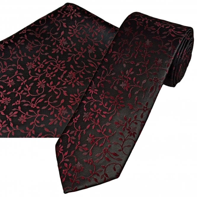 Black & Burgundy Floral Pattern Men's Tie & Pocket Square Handkerchief Set