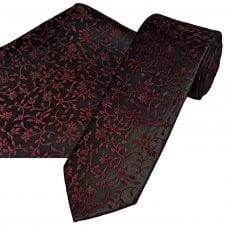 Black & Burgundy Floral Pattern Men's Tie & Pocket Square Handkerchief Set