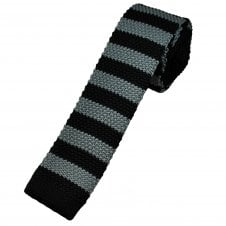 Black & Grey Horizontal Stripe Men's Skinny Knitted Tie