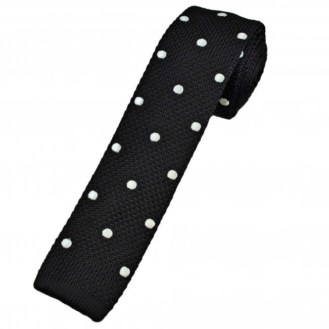 Black & Ivory White Polka Dot Men's Skinny Knitted Tie